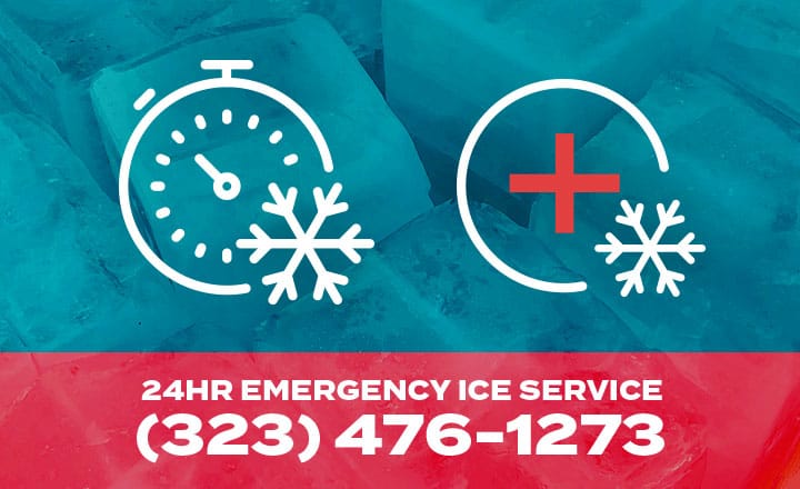     Image displaying icons of a stopwatch and a cross with snowflakes, indicating emergency ice delivery service. Text reads, "24HR EMERGENCY ICE SERVICE (323) 476-1273." Background shows ice blocks.