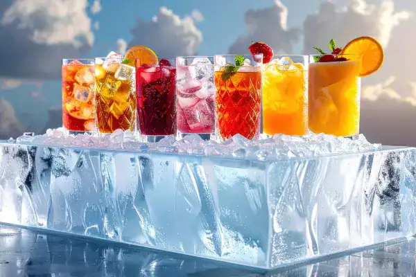 Cocktails displayed on an ice block