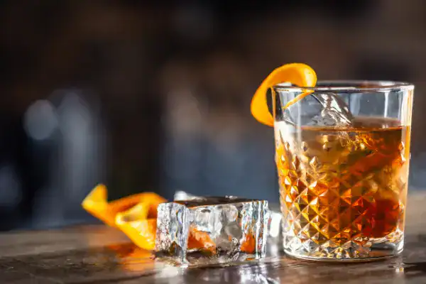 A cocktail with clear ice