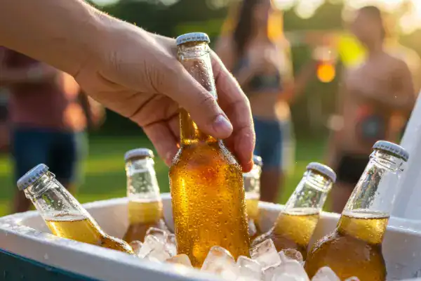 A partygoer pulls a cool one from the ice chest