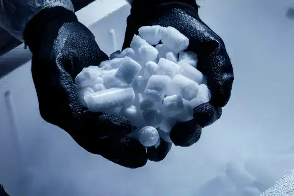 A worker uses gloves to handle dry ice