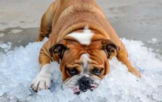 A bulldog cools himself on a pile of ice