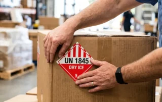 A man places a warning label on a box with dry ice