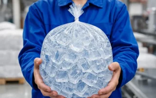 A bag of ice ready for delivery